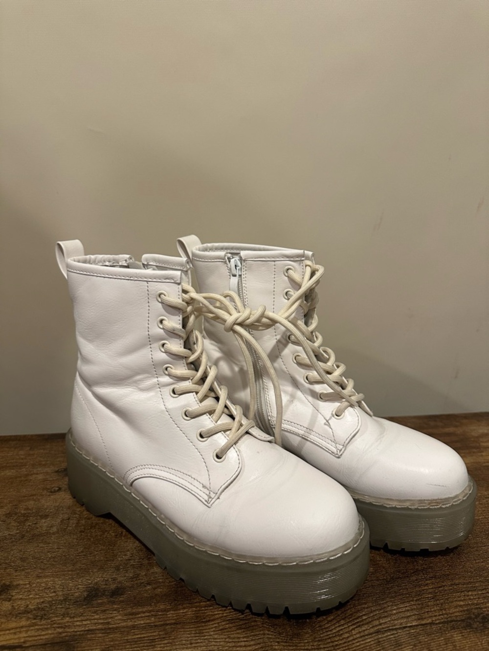 Steve Madden White Lace-Up Platform Combat Boots